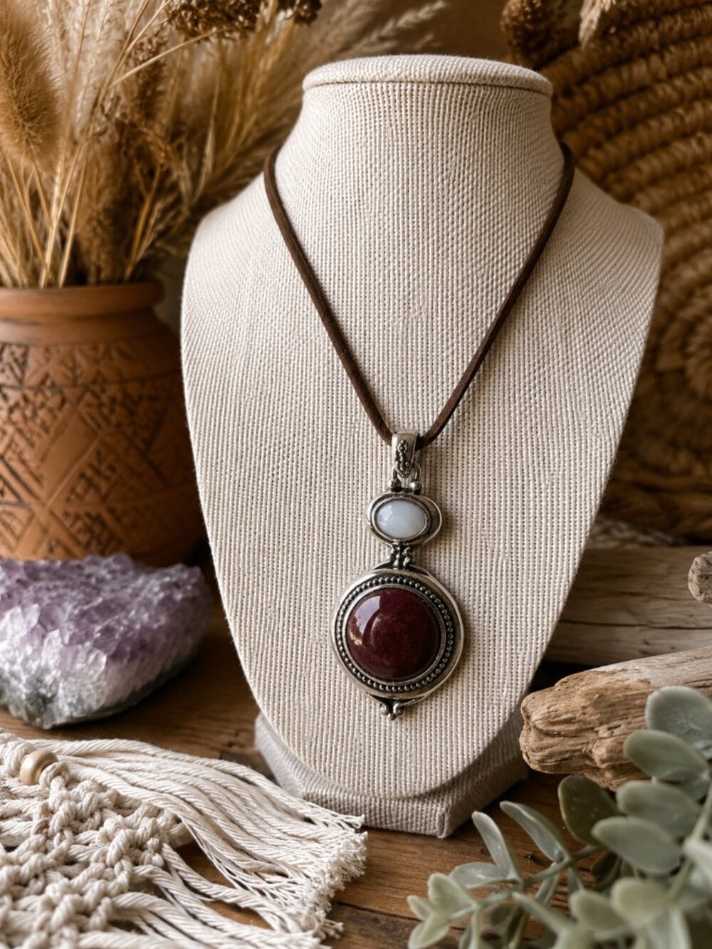 Retired Lia Sophia Lisa Pendant Red Jasper Mother of Pearl Silver Tone